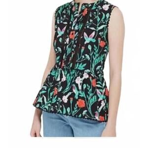 Kate Spade Jardin Poplin Peplum Sleeveless Floral & Hummingbird Top Size M